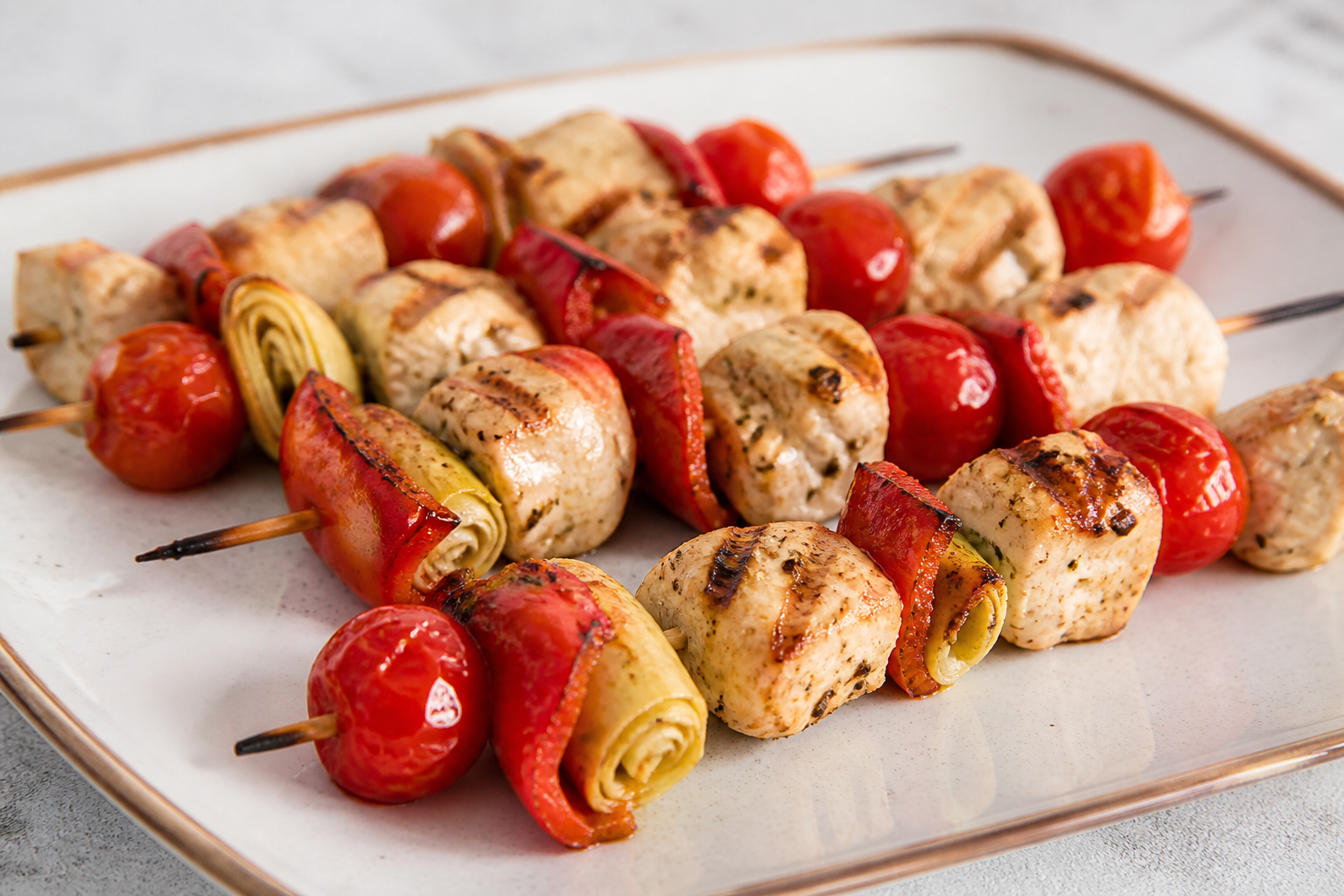 Brochetas de pollo a la parrilla con jitomate cherry, corazones de alcachofa y adobo de pimiento asado, comino y limón