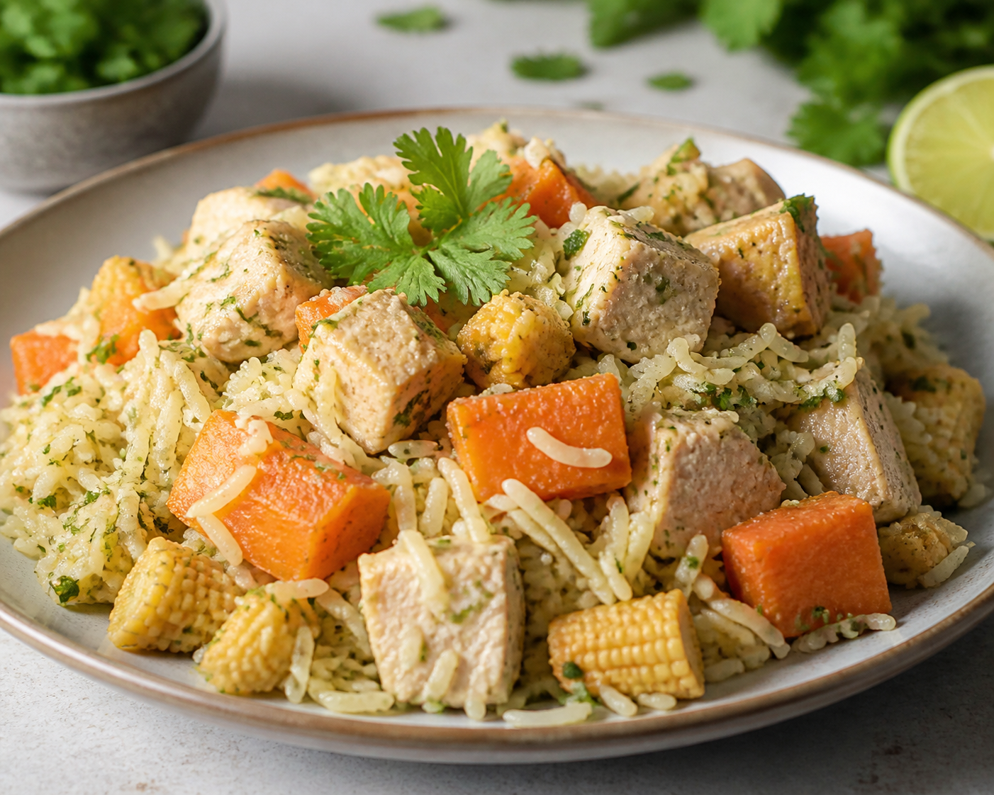 Instant Pot de pavo con batata, maíz tierno y arroz cremoso de cilantro y lima
