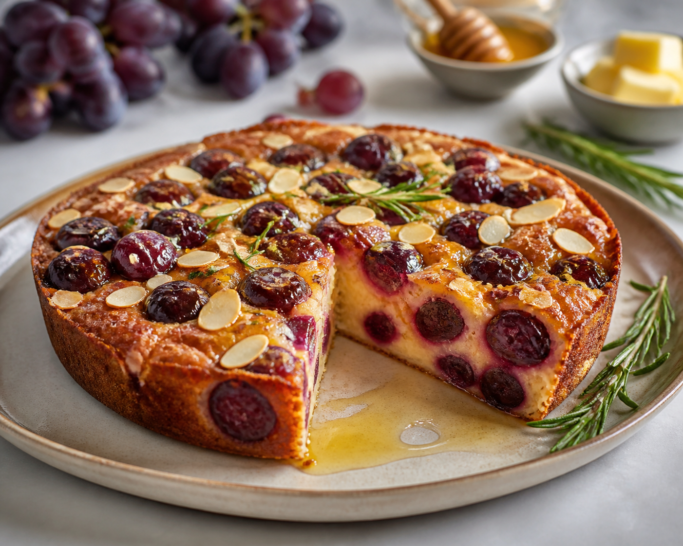 Clafoutis rústico de uvas moradas y romero con costra de almendra y miel dorada