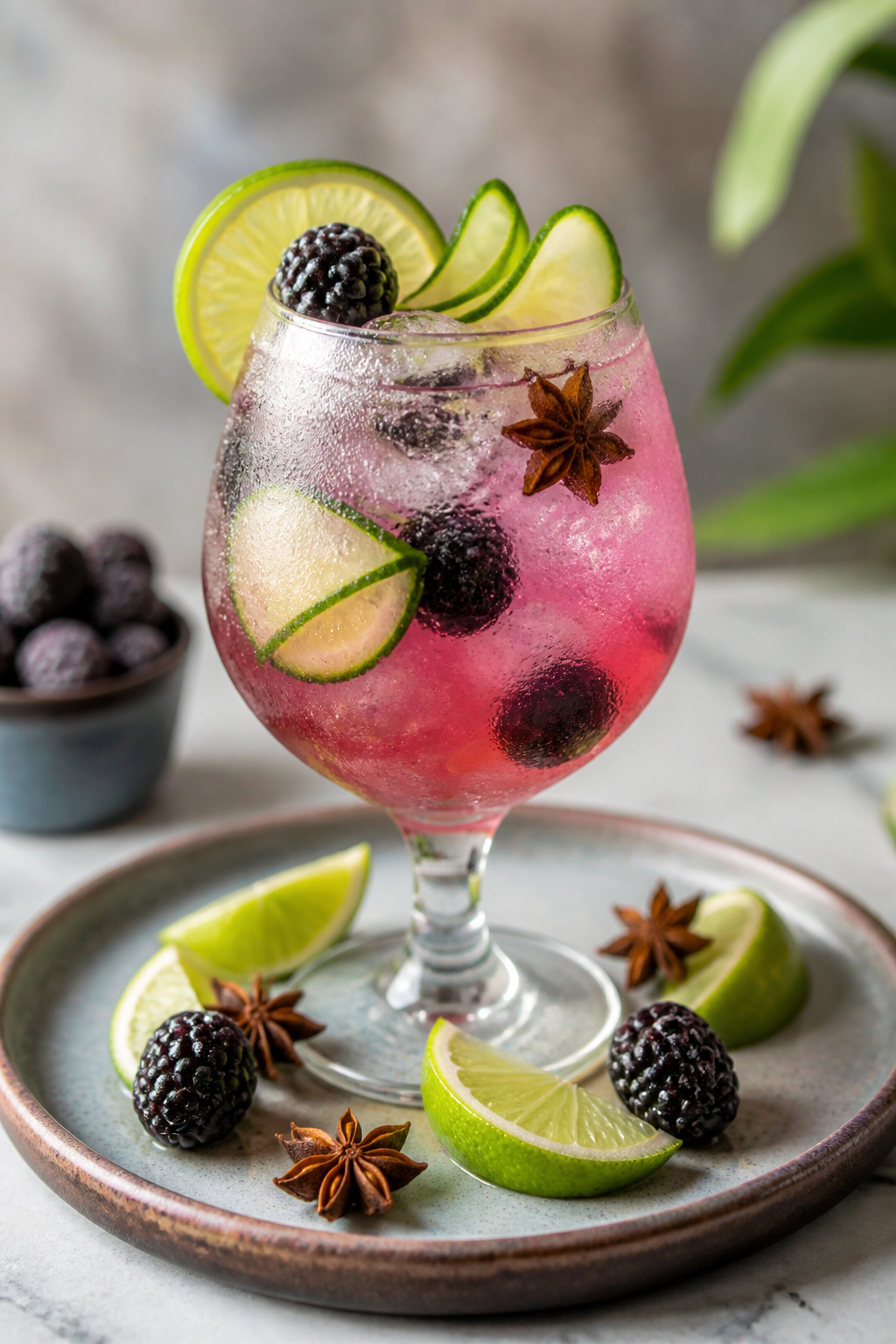 Soda helada de zarzamora, pepino y anís estrellado con limón verde
