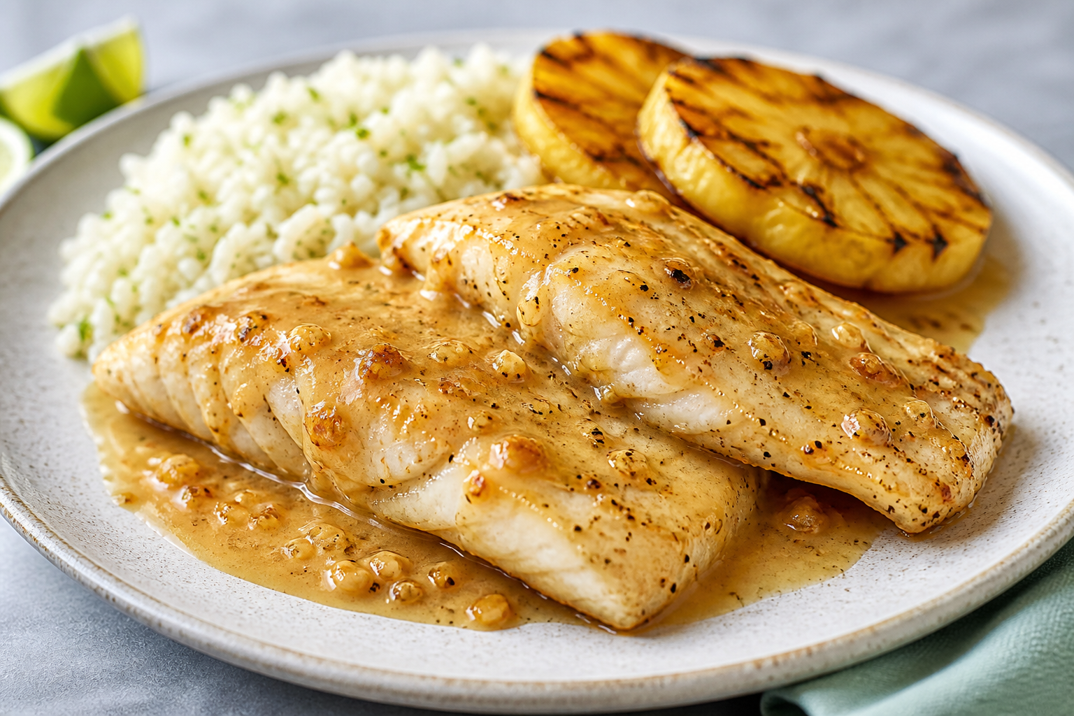 Caribbean Fish in Toasted Garlic Coconut Sauce with Lime Rice and Seared Pineapple
