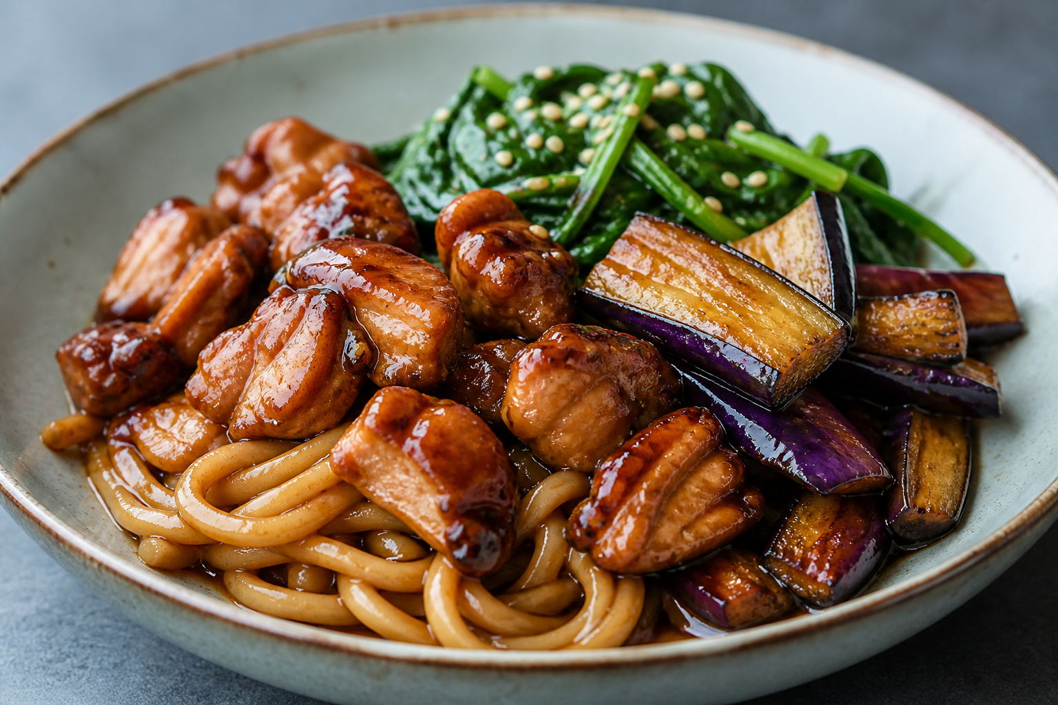 Fideos udon con pollo glaseado de ciruela negra y jengibre, berenjena al wok y espinaca con sésamo