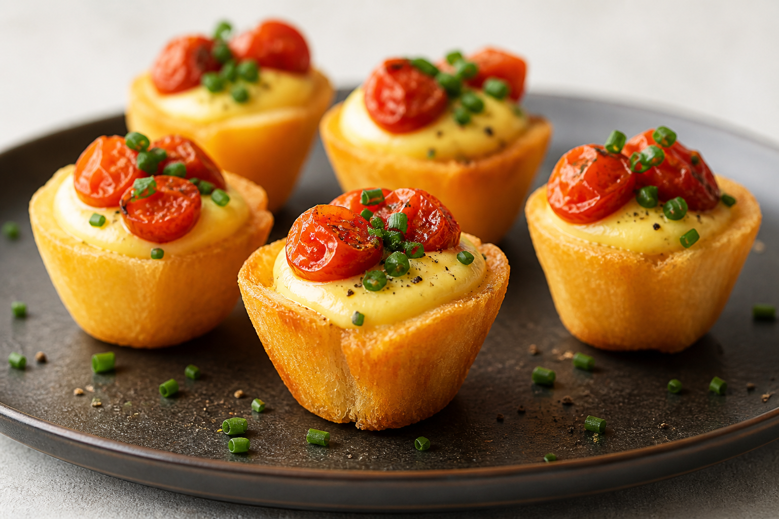 Crispy Yuca Cups with Smoky Corn Cream, Confit Cherry Tomatoes, and Chives
