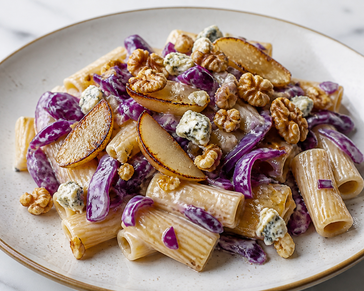 Pasta cremosa de col lombarda asada, pera dorada y gorgonzola con nuez tostada