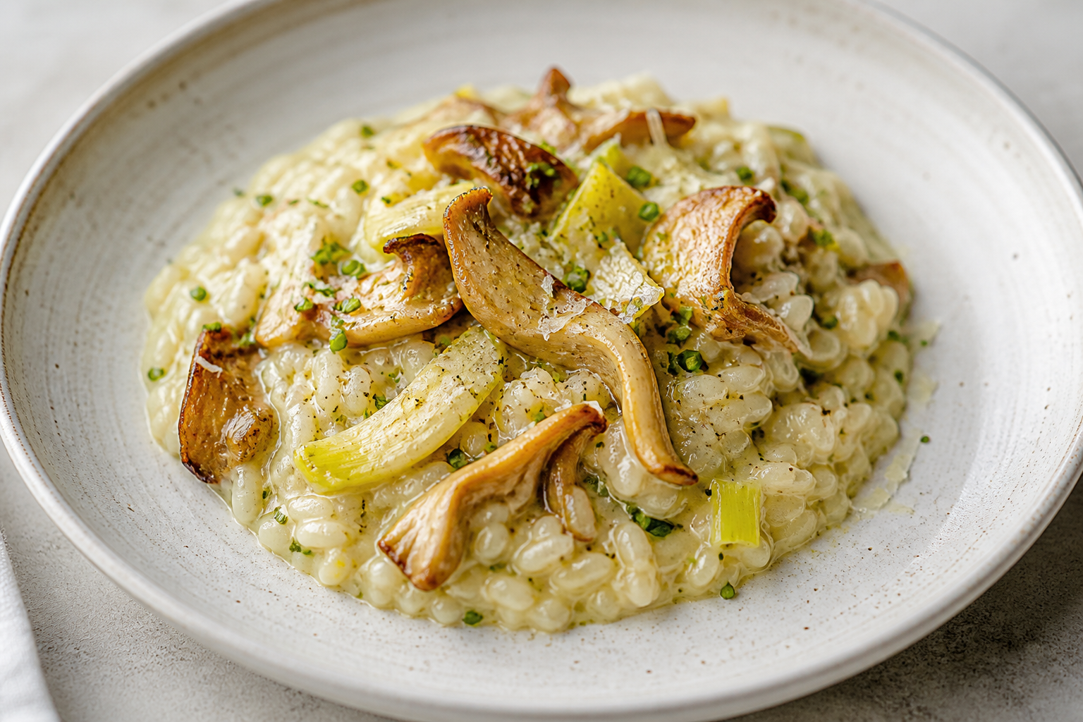 Arroz meloso de setas ostra doradas, puerro braseado y crema suave de parmesano con limón y cebollino