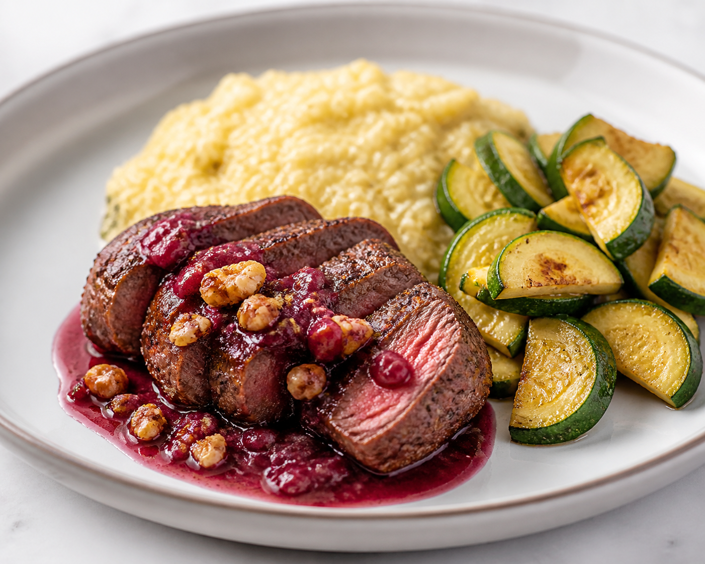 Beef Steak with Warm Roasted Beet and Walnut Sauce, served with Creamy Millet and Seared Zucchini