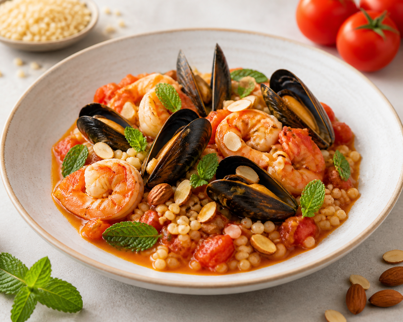 Mussels and Shrimp in Roasted Tomato Almond Sauce with Pearl Couscous and Mint