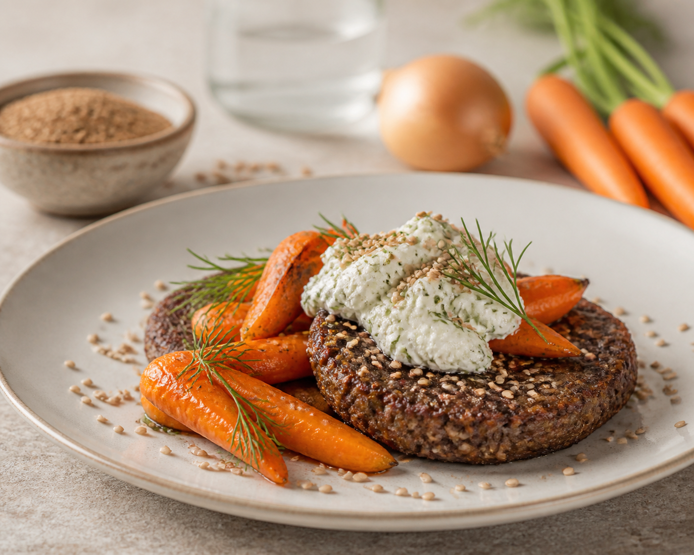 Buckwheat Cakes with Roasted Carrots, Dill Ricotta and Crunchy Sesame Seeds