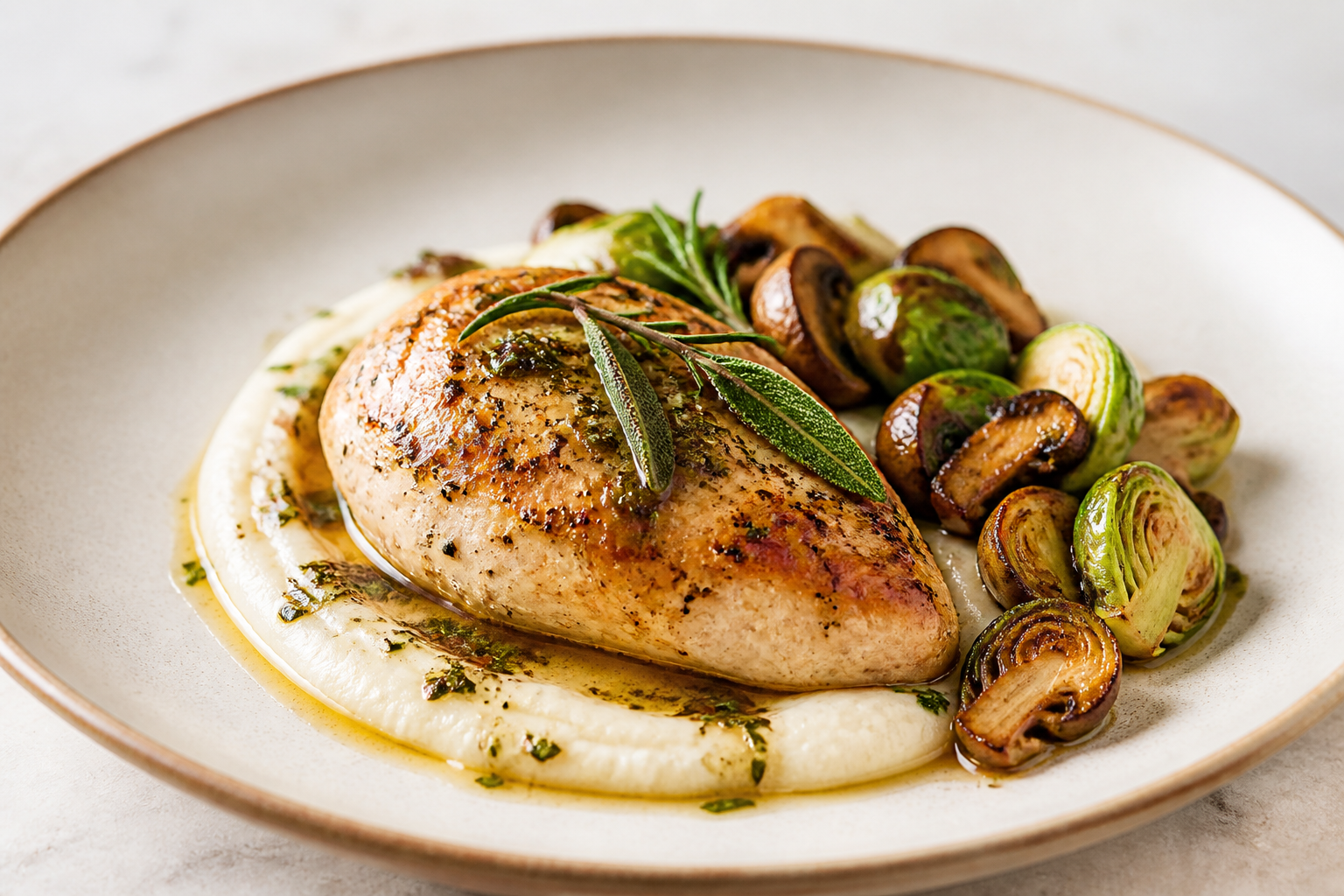 Pollo al romero con crema de apio nabo y mantequilla de salvia, acompañado de coles de Bruselas y setas doradas