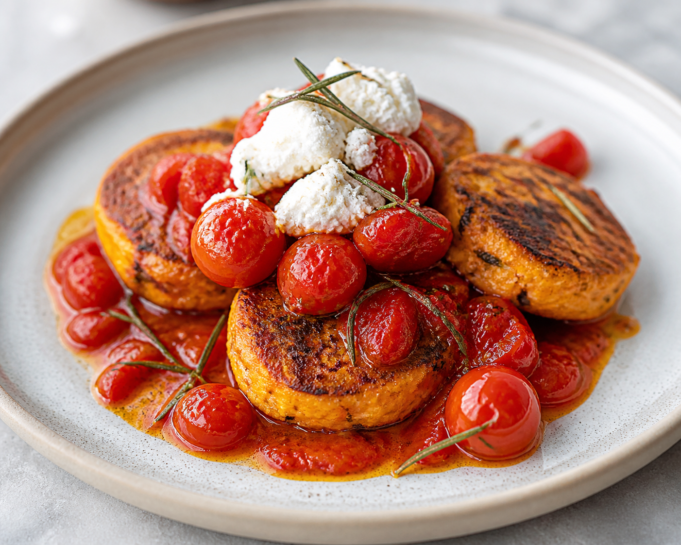 Buñuelos de batata y ricotta con salsa tibia de tomate cherry al romero