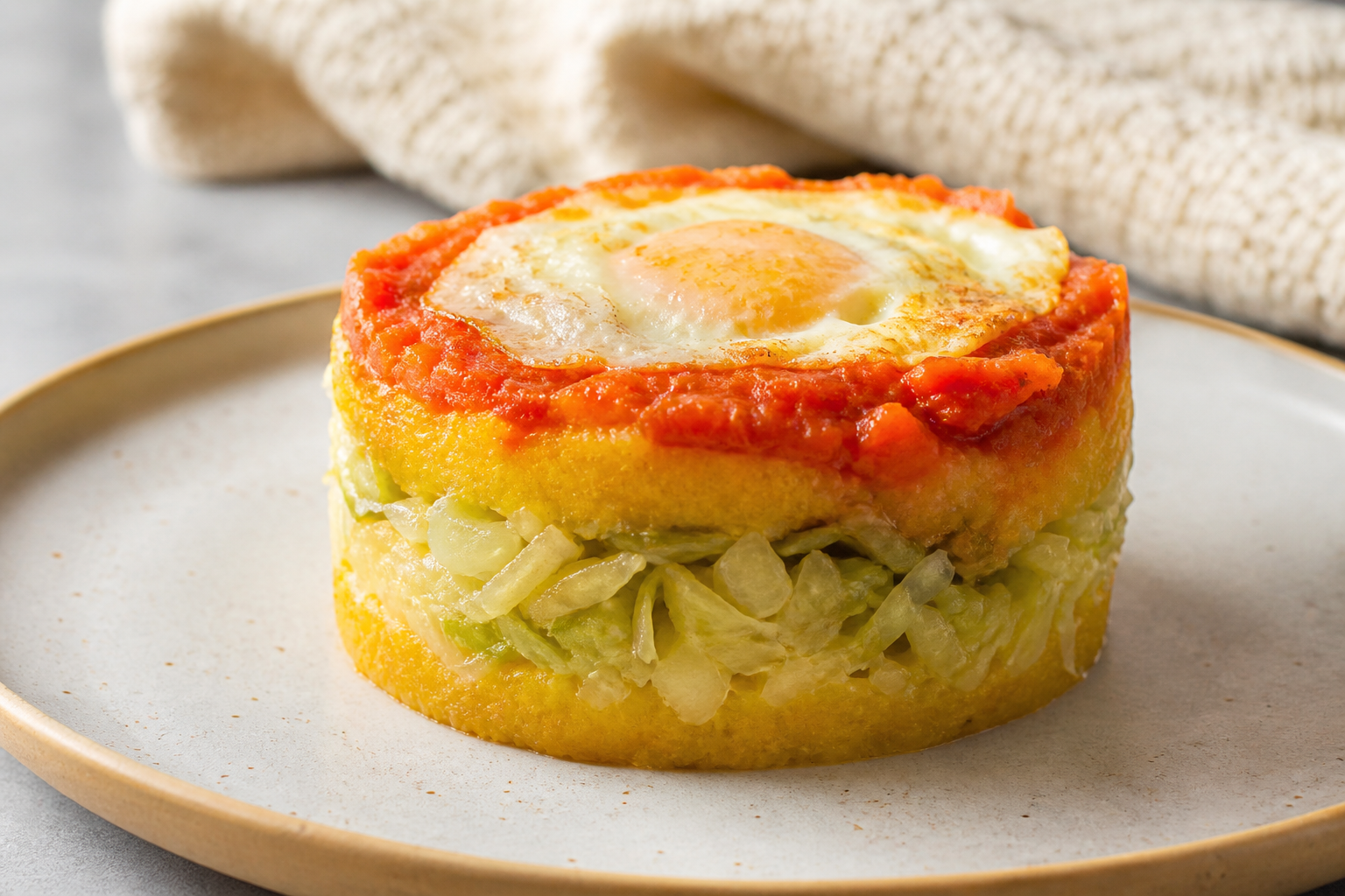 Timbal Económico de Polenta, Repollo y Huevo con Sofrito de Tomate