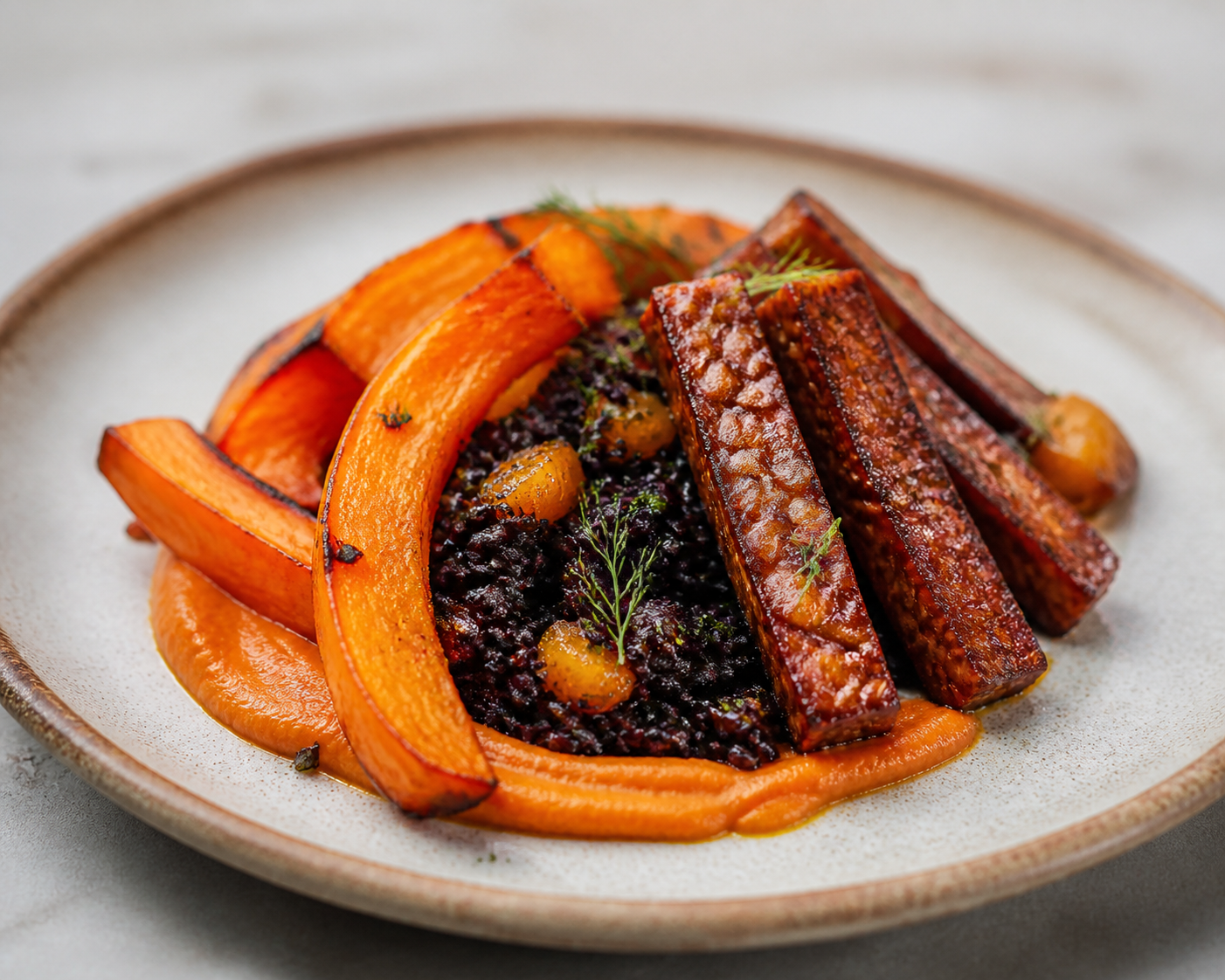 Calabaza moscada asada con arroz negro cítrico, tempeh glaseado al albaricoque y crema de zanahoria al comino