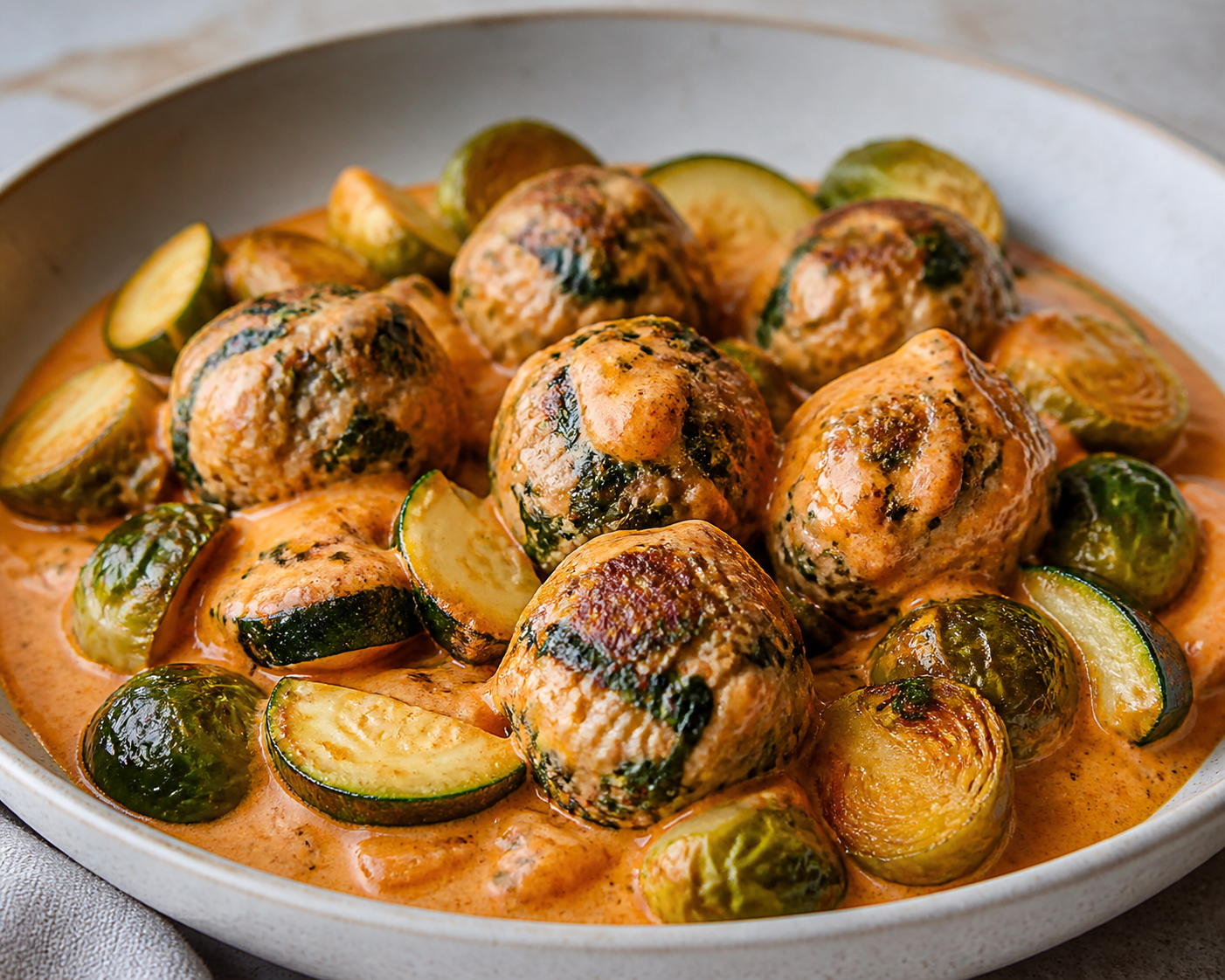 Turkey and Spinach Meatballs in Roasted Red Pepper Cream Sauce with Zucchini and Brussels Sprouts