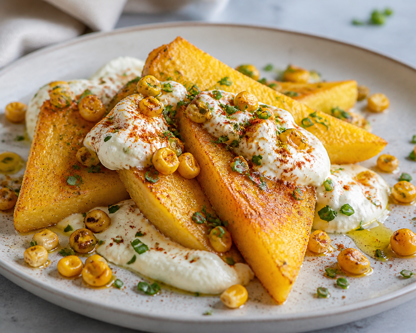 Gajos crujientes de polenta en Air Fryer con crema tibia de mascarpone, maíz asado y cebollín