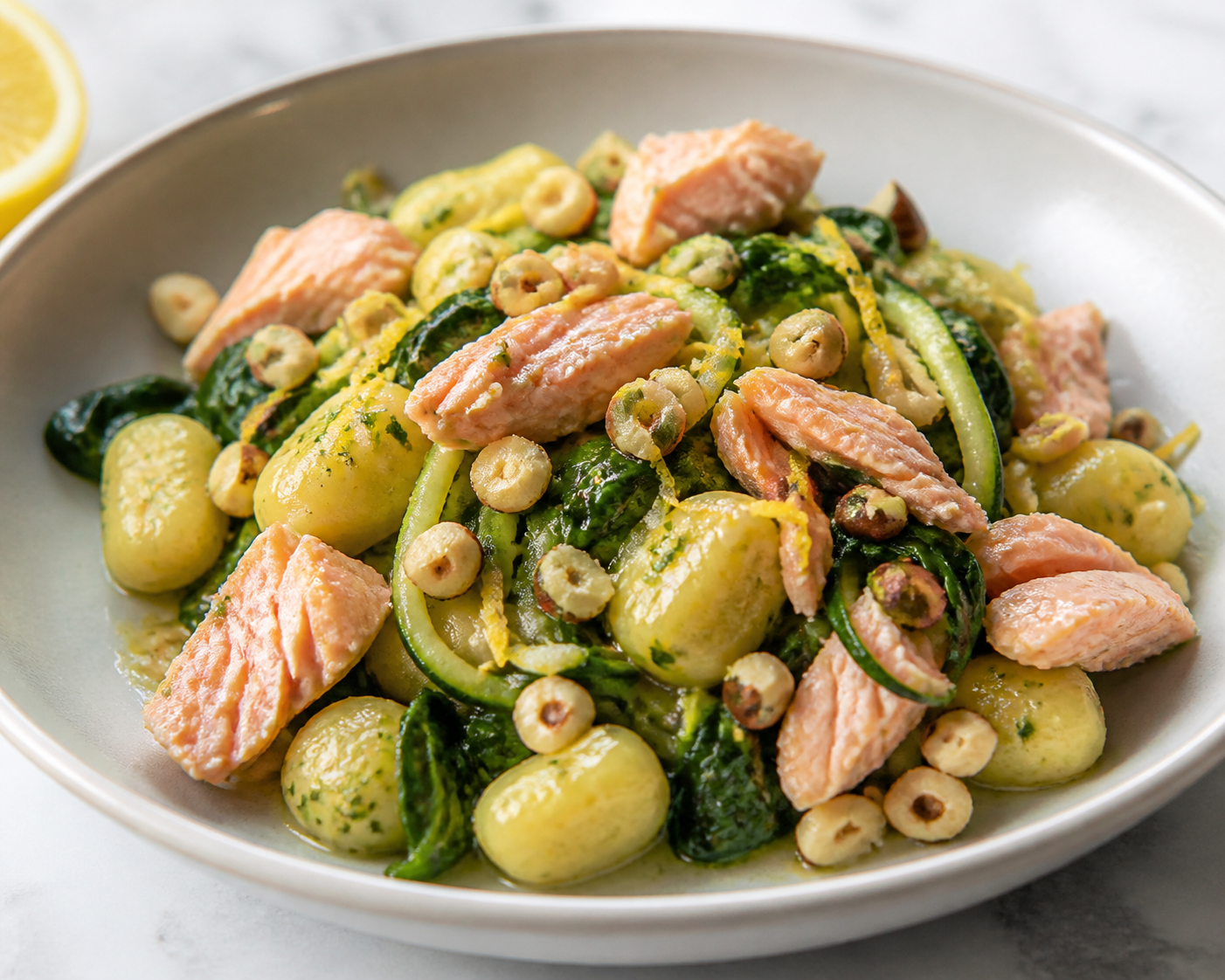 Quick Lemon Zucchini Gnocchi with Flaked Salmon and Crunchy Hazelnuts