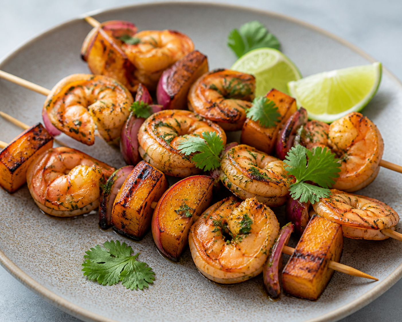 Grilled Shrimp Skewers with Peach, Red Onion, and Cilantro-Lime Ancho Marinade