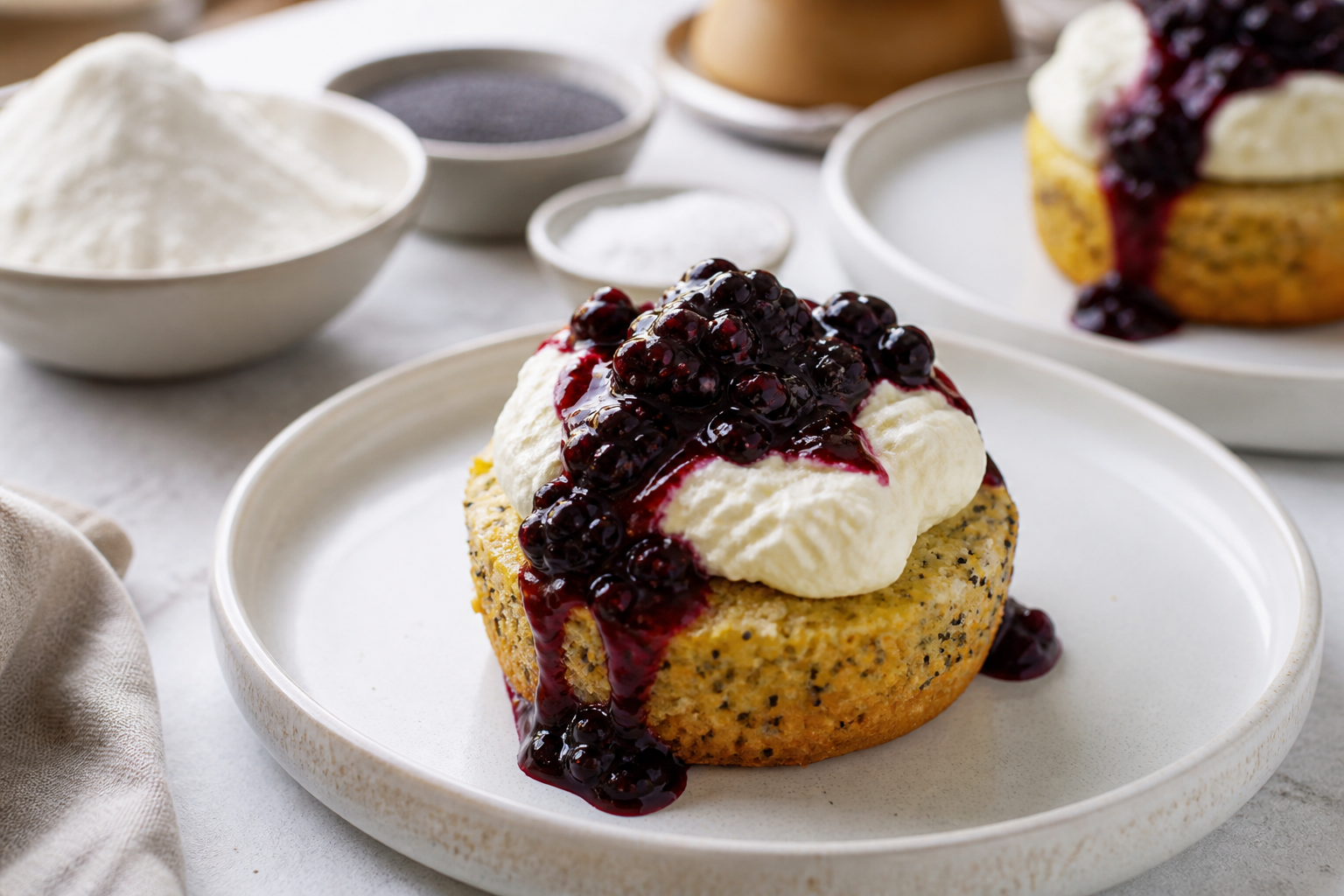 Warm Lemon Poppy Seed Cakes with Quick Blackberry Compote and Light Mascarpone Cream