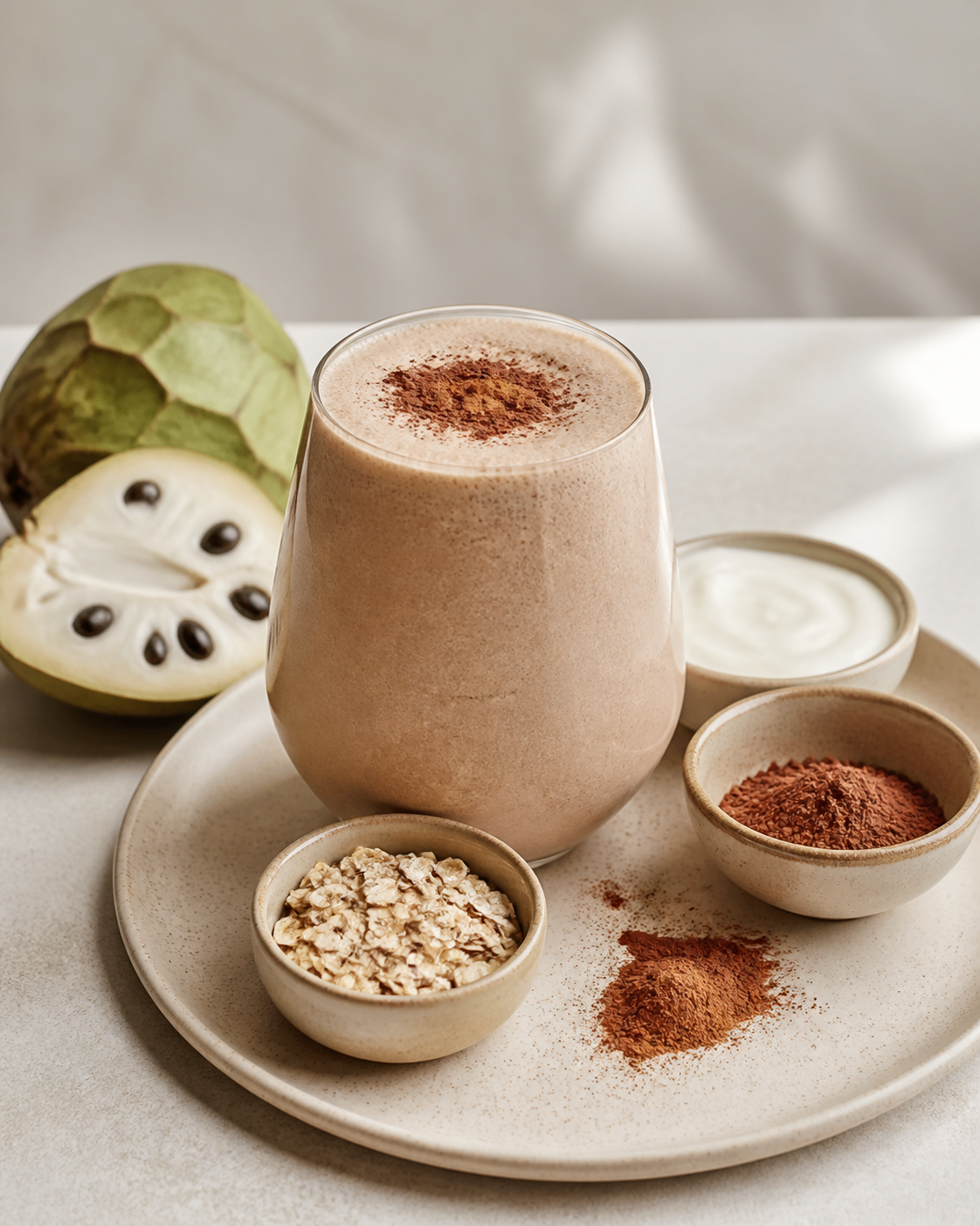 Cherimoya, Oat and Cold Coffee Velvet Smoothie with Cocoa and Cinnamon
