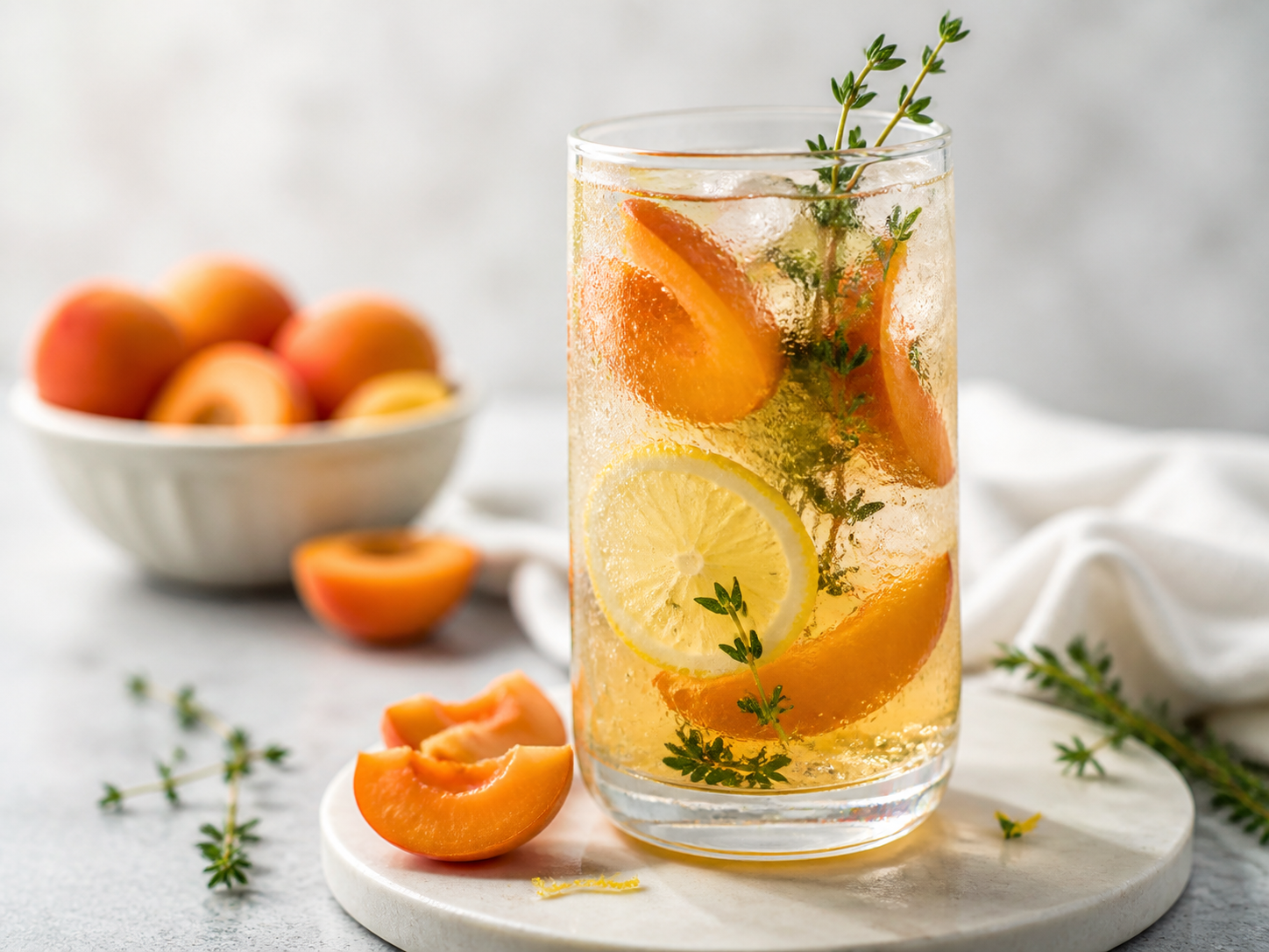 Iced Apricot, Lemon and Thyme Soda with a Touch of Vanilla