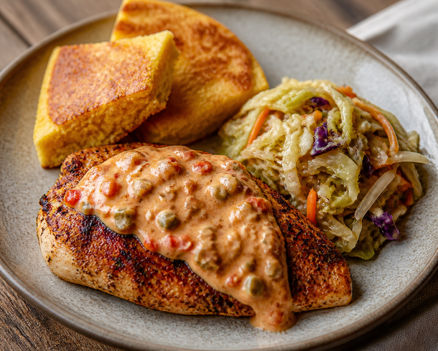 Pollo a la sartén con salsa cremosa de pimiento asado y pepinillos, pan de maíz dorado en plancha y ensalada tibia de repollo dulce