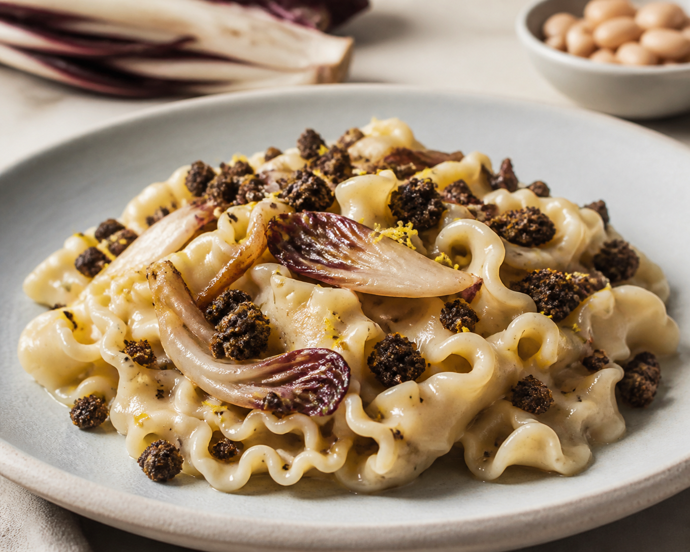 Creamy Mafalde with Sautéed Chicory, Lemon Cannellini Cream, and Black Olive Crumble