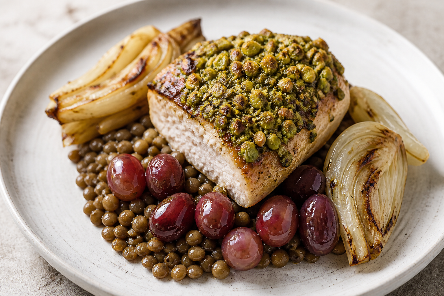 Pollo Mediterráneo con Costra de Pistacho y Orégano sobre Cama Tibia de Lentejas, Hinojo Asado y Uvas al Balsámico