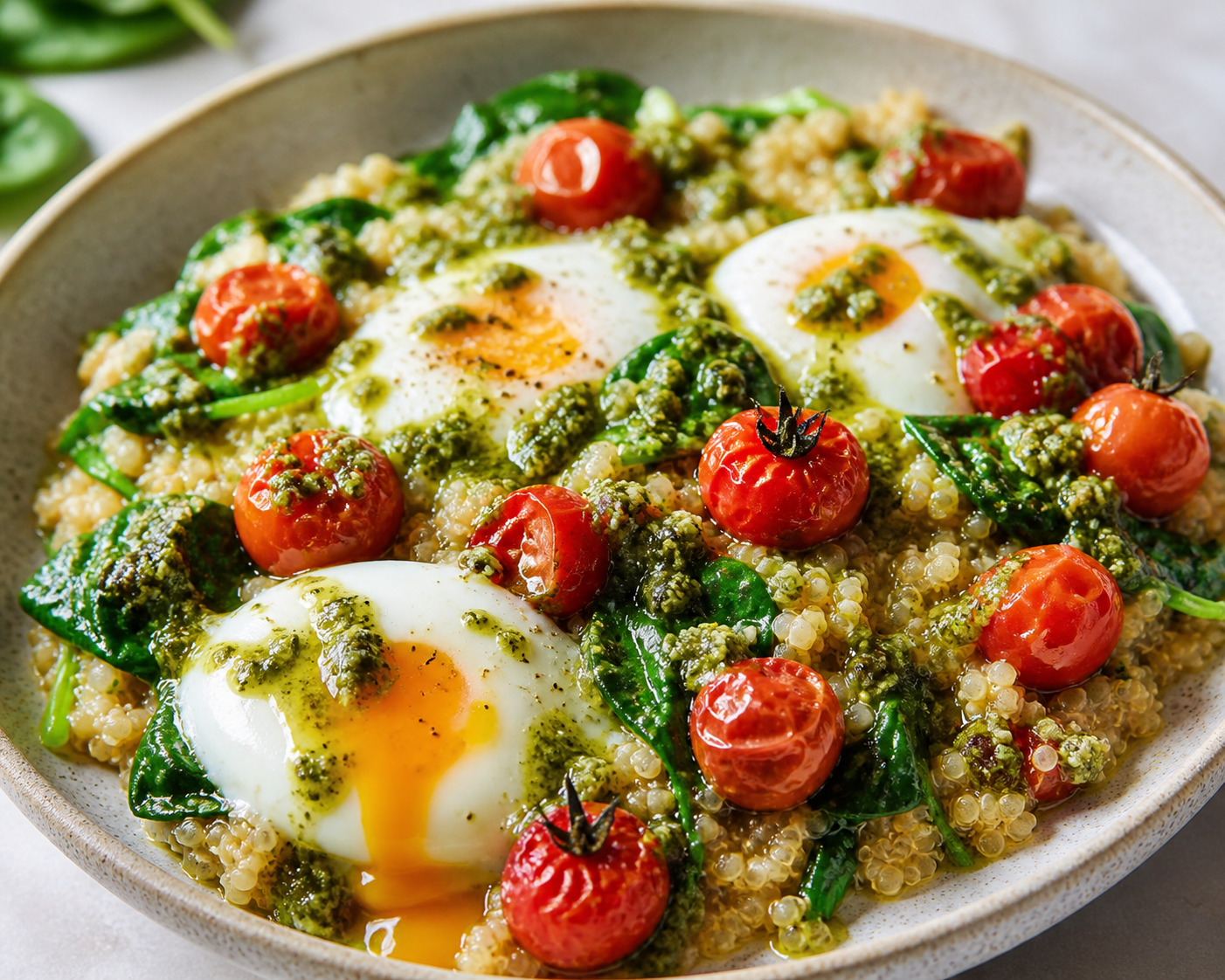 Cazuelita de Quinoa Cremosa con Espinaca, Tomates Confitados y Huevos al Pesto de Almendra