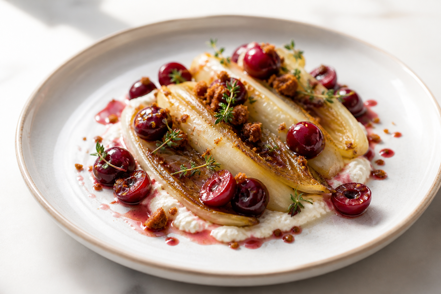 Braised Endive Spears with Lemon Ricotta Cream, Thyme-Sautéed Cherries and Crispy Rye Crumbs