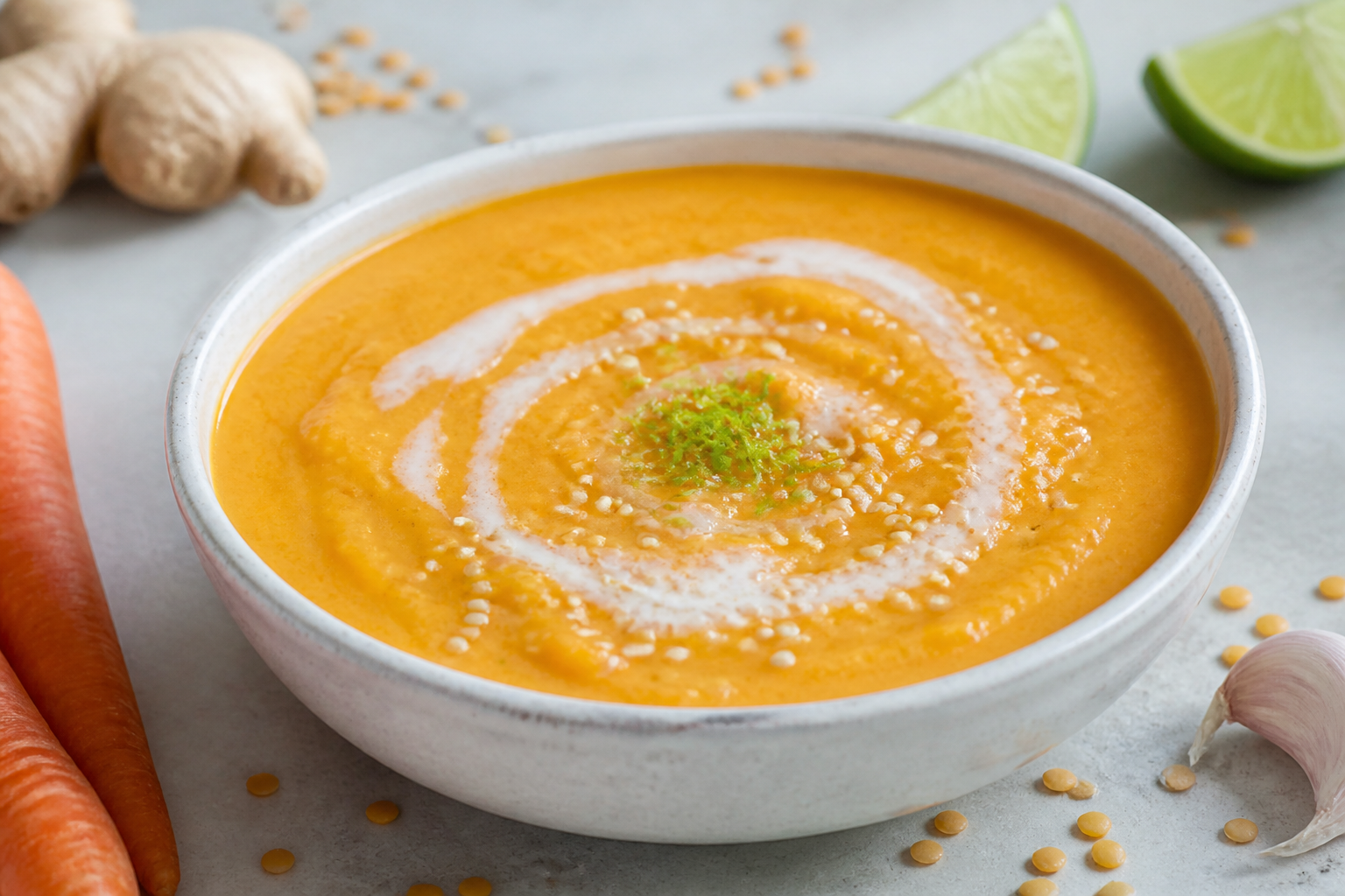 Sopa cremosa de zanahoria, lenteja amarilla y coco con jengibre, lima y semillas de sésamo tostadas