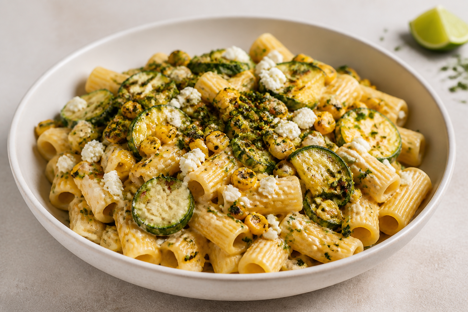 Creamy Rigatoni with Charred Sweet Corn, Sautéed Zucchini and Goat Cheese with Chili-Lime and Crispy Cilantro Crumbs