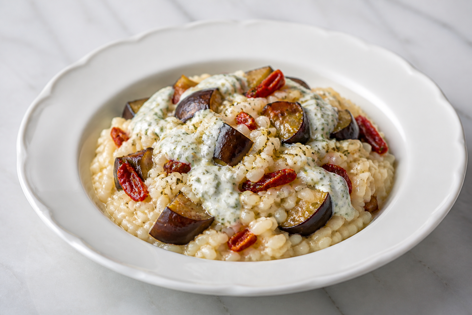 Arroz meloso de berenjena lacada, tomate seco y crema de burrata al orégano
