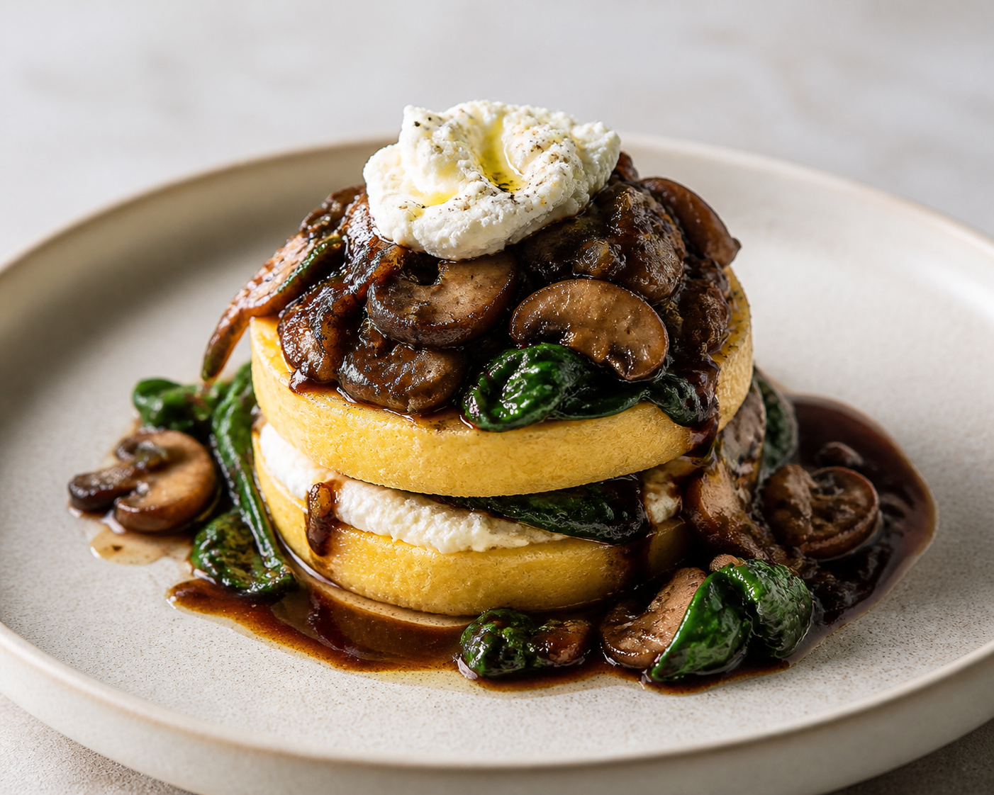Torre de polenta cremosa con ragú de setas balsámicas, espinaca al ajo y ricotta de limón
