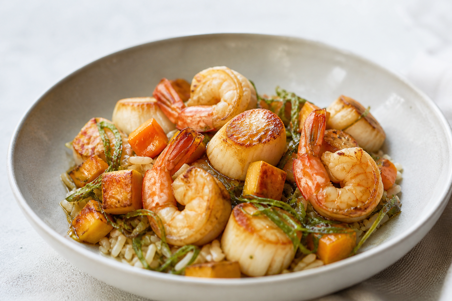 Scallop and Prawn Skillet with White Miso Butter, Roasted Squash, and Crispy Scallion Rice