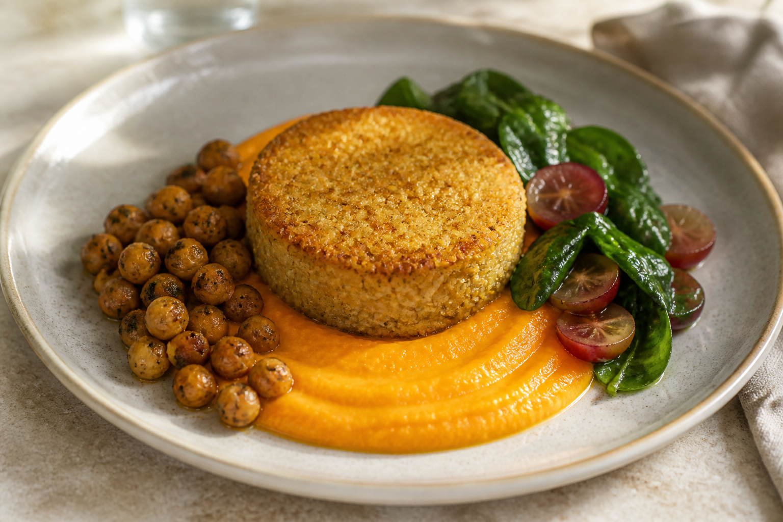 Crispy Millet Timbale with Carrot Ginger Cream, Za’atar Chickpeas, and Warm Spinach Grape Salad
