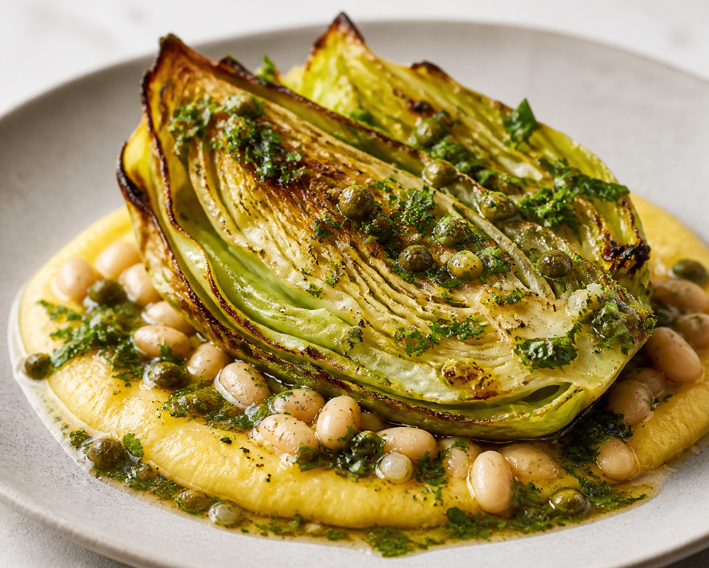 Roasted Cabbage with Garlic Polenta, Lemony White Beans and Parsley Caper Sauce
