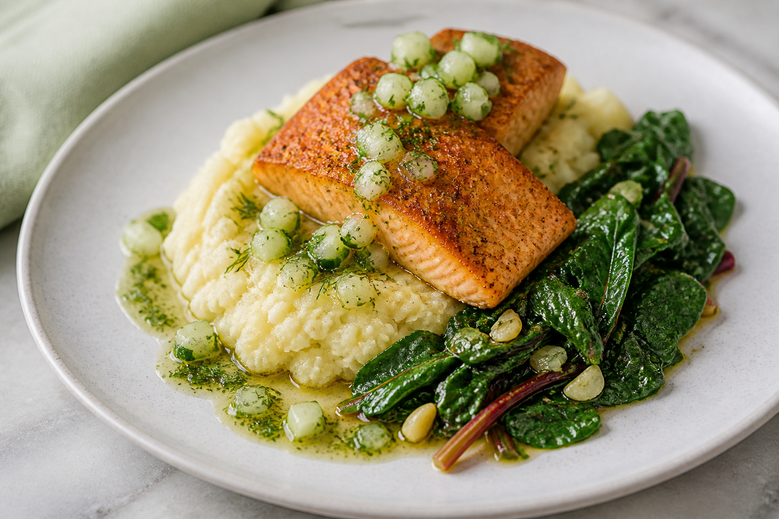 Spiced Salmon with Cauliflower-Celeriac Mash, Garlicky Swiss Chard, and Warm Cucumber-Dill Vinaigrette