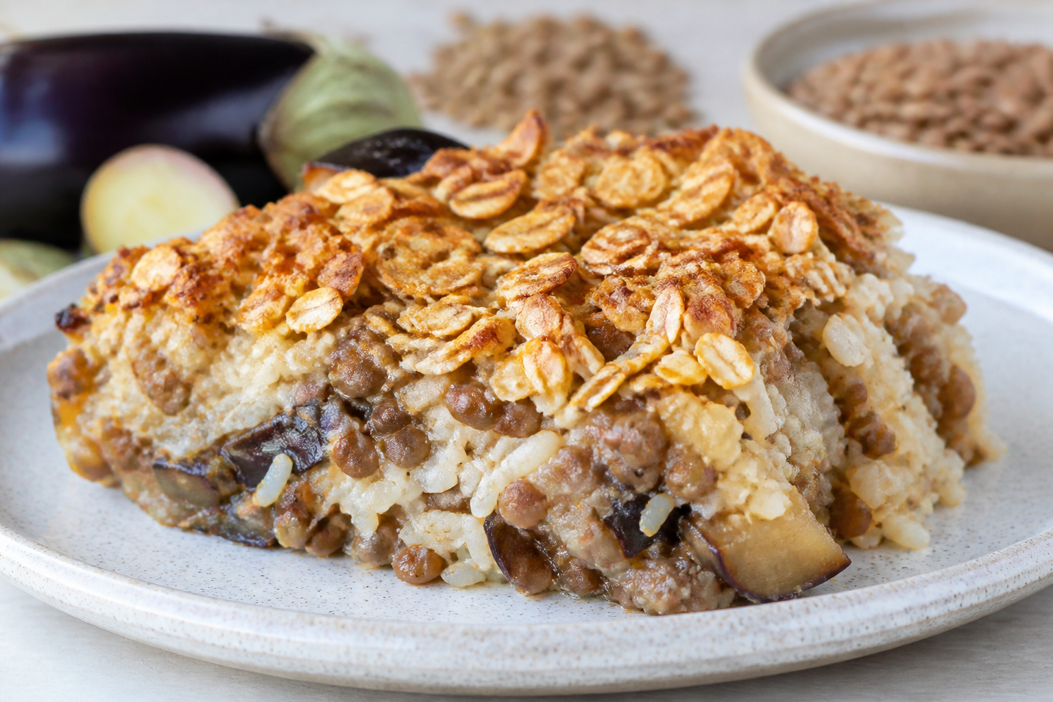 Budget Rice, Eggplant and Lentil Casserole with Crispy Oat Topping