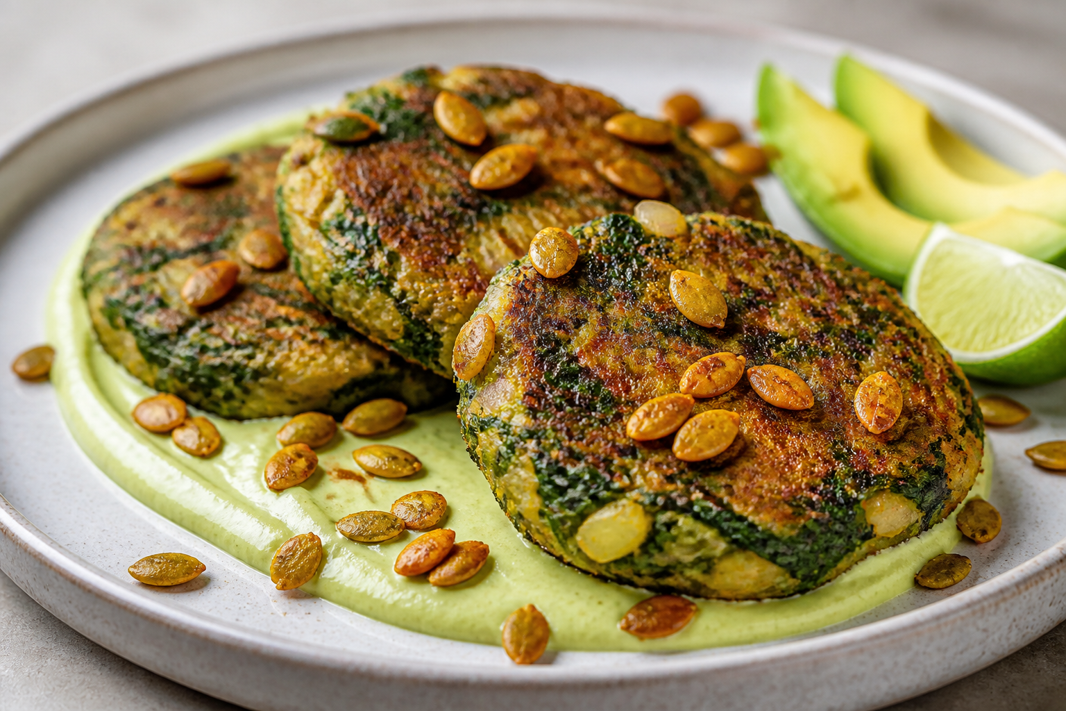 Green Plantain and Spinach Cakes with Avocado Lime Cream and Chili Pepitas