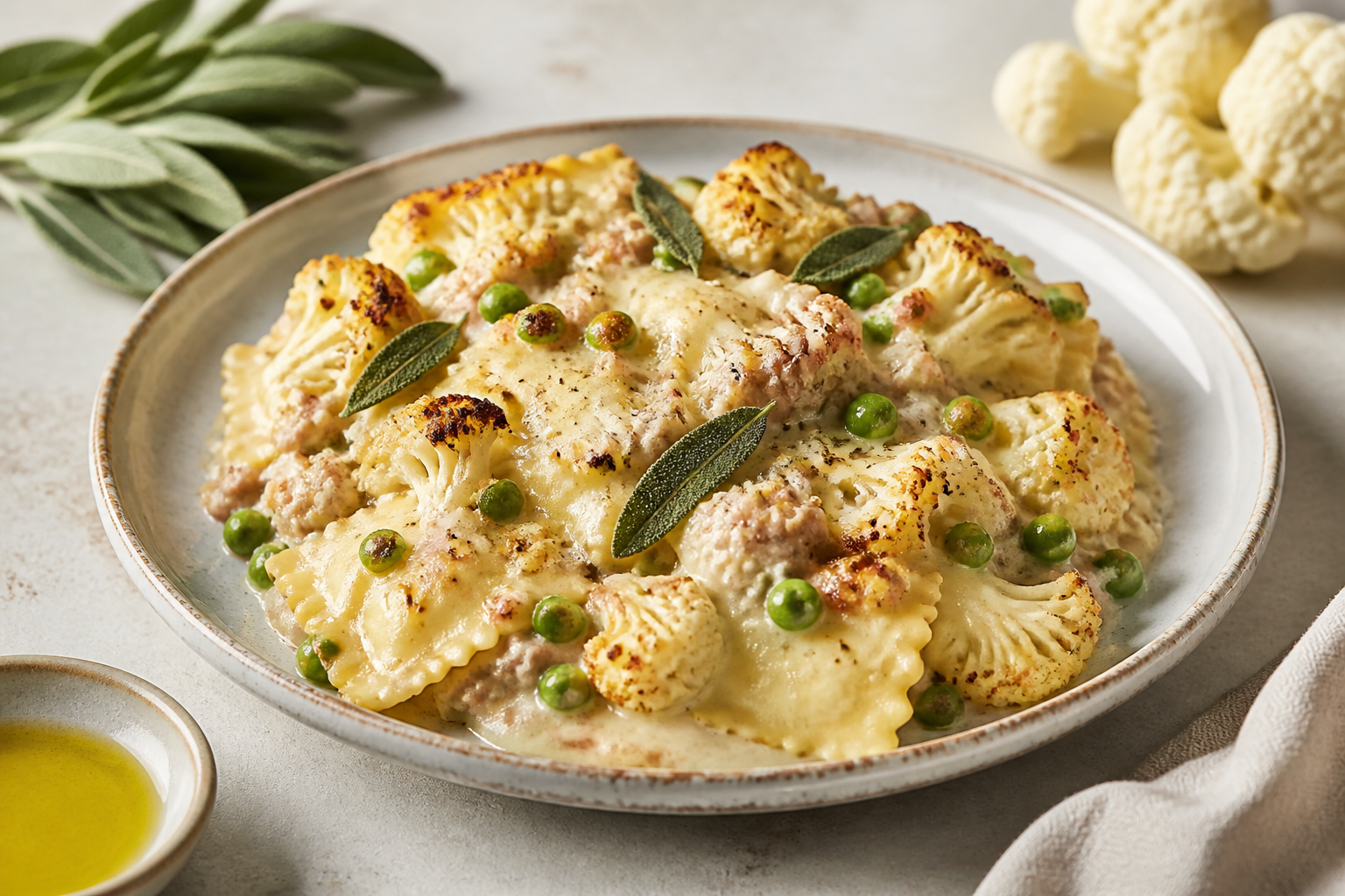 Family Ravioli Bake with Sage Turkey, Peas and Roasted Cauliflower Cream