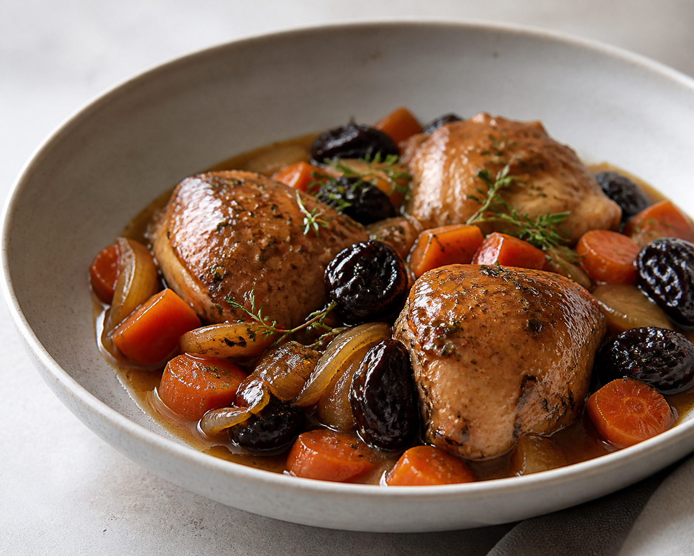 Slow cooker chicken with carrots, prunes, and a gentle black tea, orange, and thyme sauce