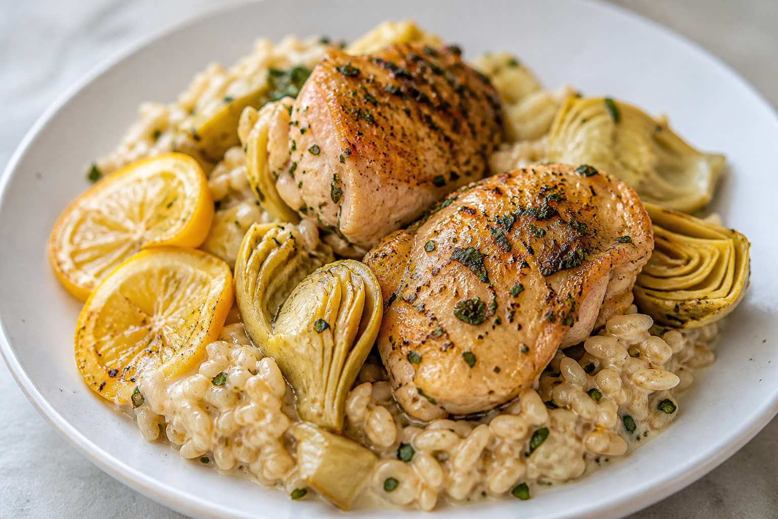 Instant Pot Chicken with Artichokes, Golden Lemon, and Creamy Herbed Farro