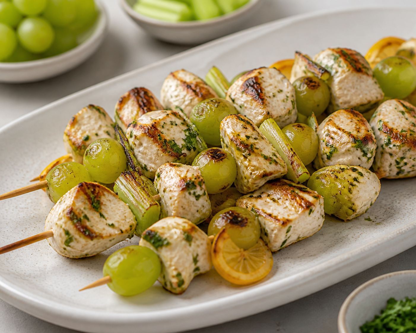 Grilled chicken skewers with green grapes, celery, and roasted lemon parsley yogurt marinade