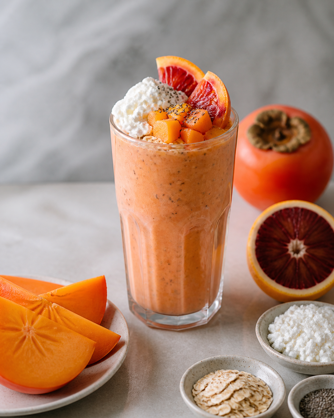 Batido Brisa de Caqui, Naranja Sanguina y Requesón con Vainilla y Semillas de Chía