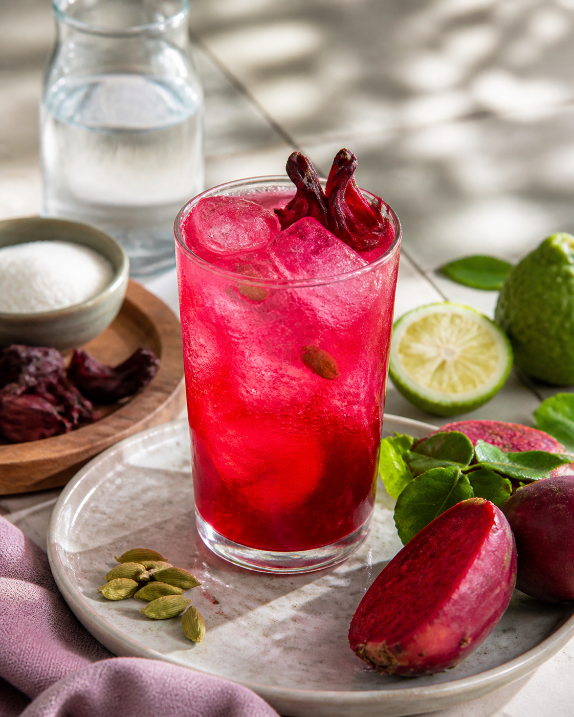 Soda helada de tuna roja, lima kaffir y té de hibisco con cardamomo verde
