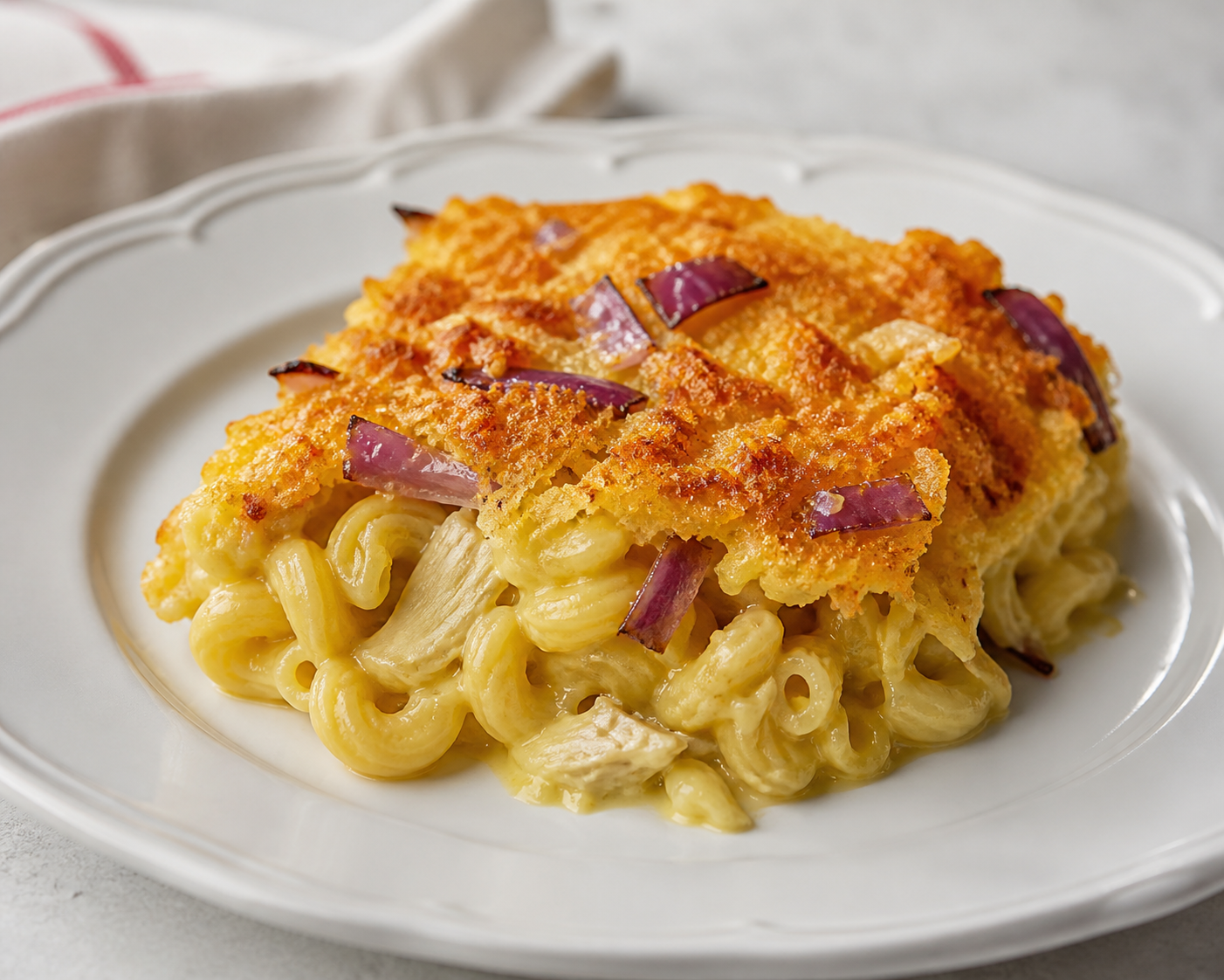 Cavatappi al horno con crema de alcachofa y azafrán, cebolla roja asada y costra crujiente de pecorino y polenta