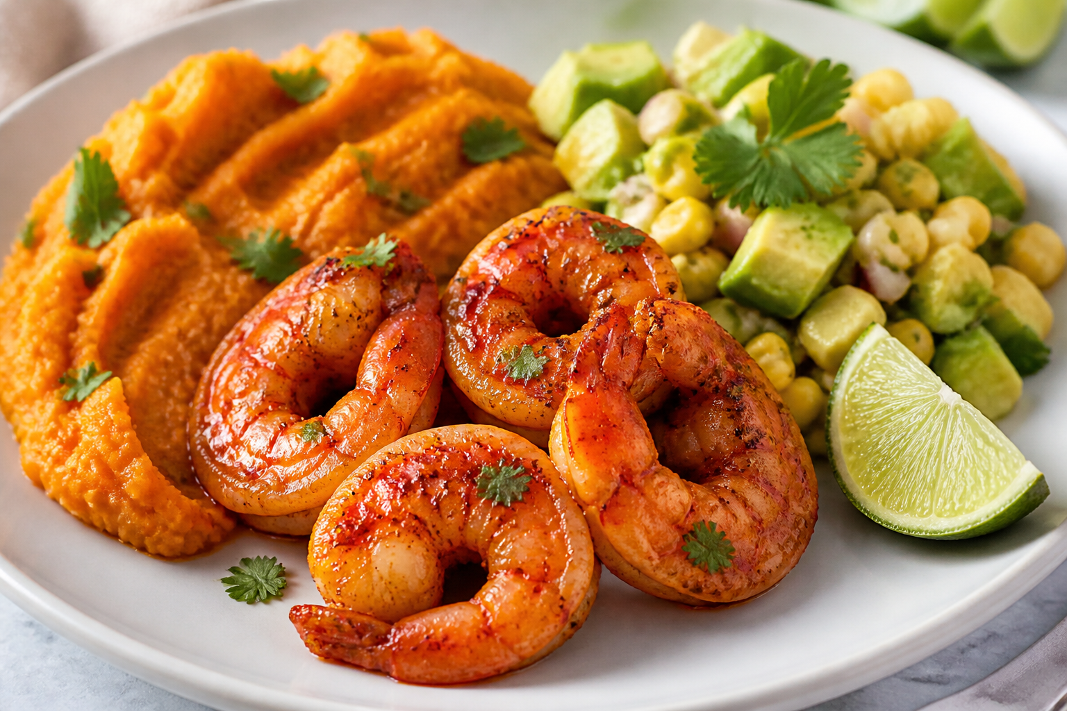 Caribbean Spiced Rum Shrimp with Sweet Potato Mash and Avocado, Corn, and Lime Salad
