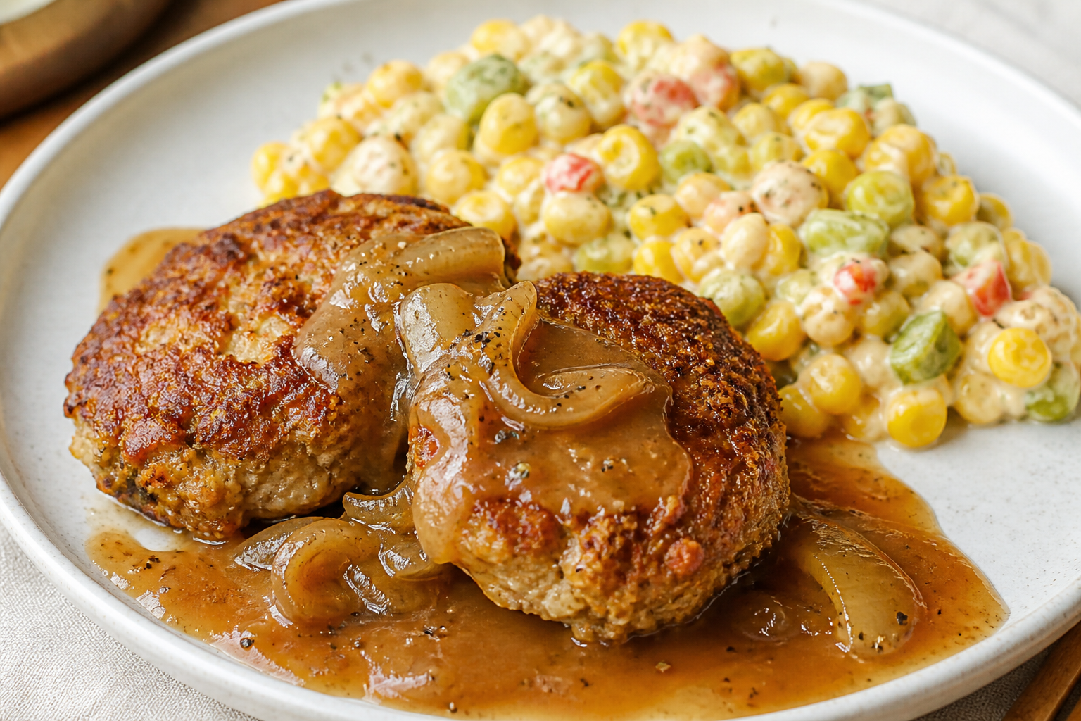 Pastelitos de pavo con costra de pretzel, gravy de cebolla caramelizada y succotash cremoso de maíz