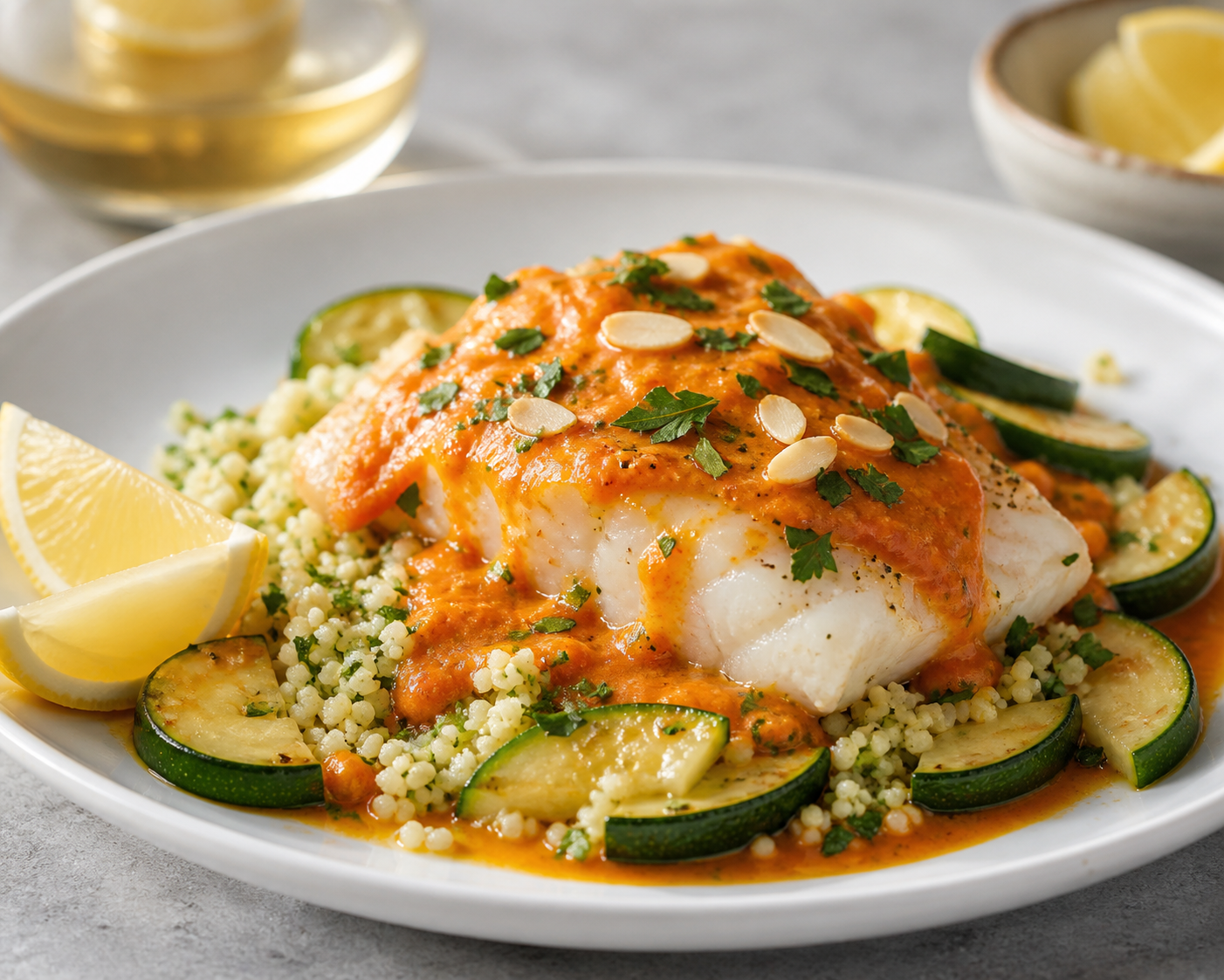 Bacalao Mediterráneo en Salsa de Pimiento Asado y Almendra con Cuscús de Hierbas, Calabacín y Limón
