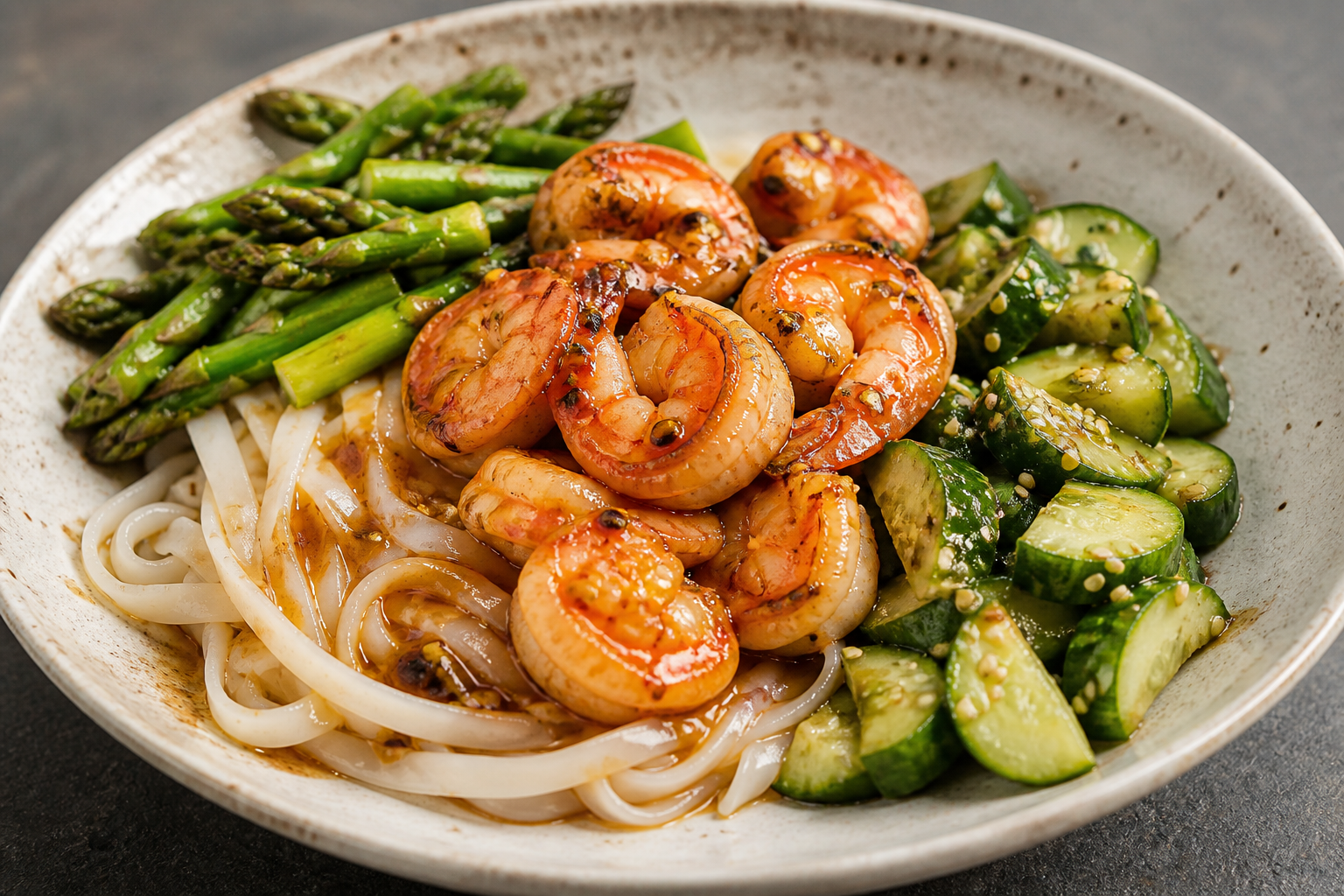 Rice Noodles with Passion Fruit Soy Glazed Shrimp, Stir-Fried Asparagus and Crunchy Sesame Cucumber