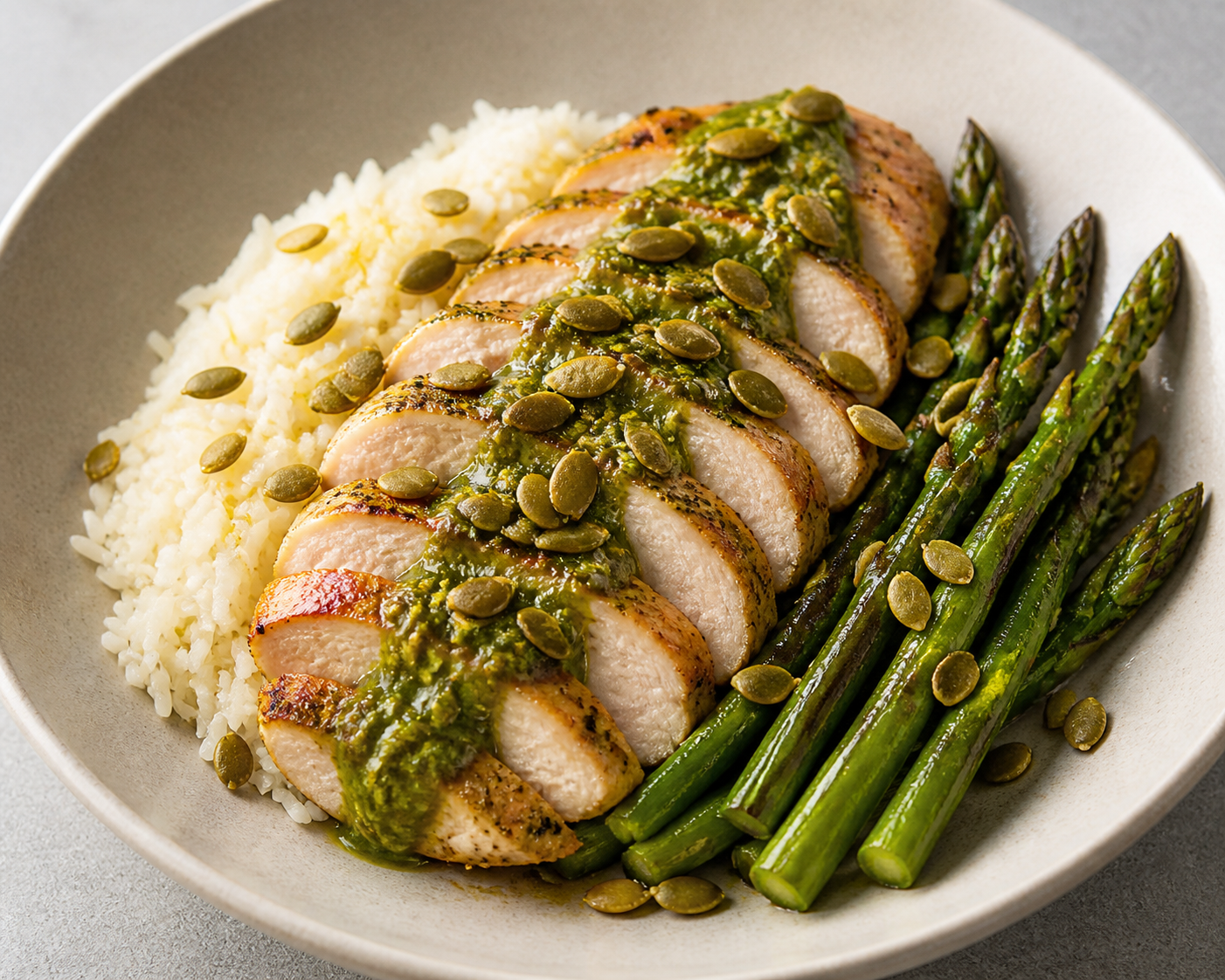Tazón tibio de pollo al romesco verde con arroz de limón, espárragos salteados y pepitas crujientes